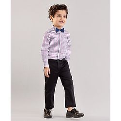 Babyhug Party Wear Full Sleeves Stripe Shirt & Trouser With Bow - Black White