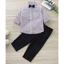 Babyhug Party Wear Full Sleeves Stripe Shirt & Trouser With Bow - Black White