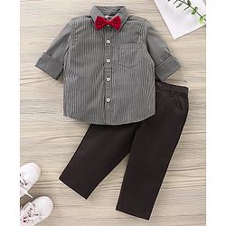 Babyhug Full Sleeves Shirt & Trouser with Bow - Grey