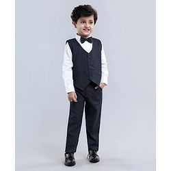 Babyhug Full Sleeves 3 Piece Party Suit With Bow - Navy Blue