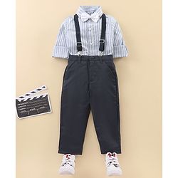 Babyhug Full Sleeves Shirt & Trouser with Suspenders Set & Bow - Sky Blue