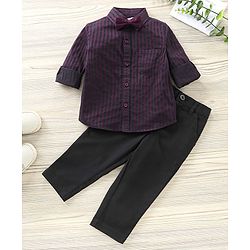 Babyhug Party Wear Full Sleeves Stripe Shirt & Trouser With Bow - Black Purple