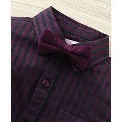 Babyhug Party Wear Full Sleeves Stripe Shirt & Trouser With Bow - Black Purple