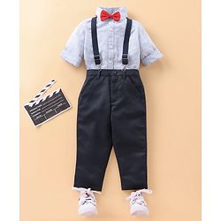 Babyhug Full Sleeves Shirt with Bow and Trouser with Suspenders Set - Blue