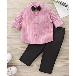 Babyhug Full Sleeves Striped Shirt & Trouser with Bow - Pink Black