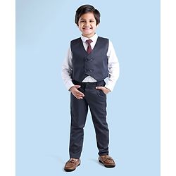 Babyhug Full Sleeves Party Suit With Tie & Jacket Solid- Blue