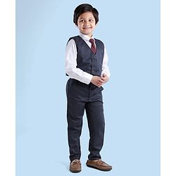 Babyhug Full Sleeves Party Suit With Tie & Jacket Solid- Blue