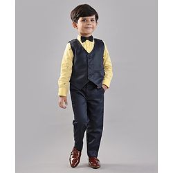 Babyhug Full Sleeves Party Suit with Bow Bird Print - Yellow Navy