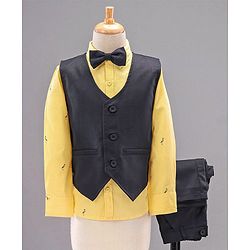 Babyhug Full Sleeves Party Suit with Bow Bird Print - Yellow Navy