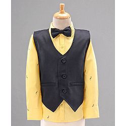 Babyhug Full Sleeves Party Suit with Bow Bird Print - Yellow Navy