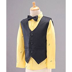 Babyhug Full Sleeves Party Suit with Bow Bird Print - Yellow Navy
