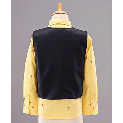 Babyhug Full Sleeves Party Suit with Bow Bird Print - Yellow Navy