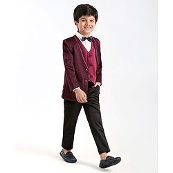 Babyhug Full Sleeves 4 Piece Party Suit With Bow - Maroon