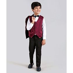 Babyhug Full Sleeves 4 Piece Party Suit With Bow - Maroon