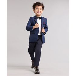 Babyhug Full Sleeves 3 Piece Party Suit With Bow - Navy Blue
