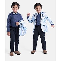 Babyhug Full Sleeves Digital Print Party Suit with Bow and Blazer - Blue Navy