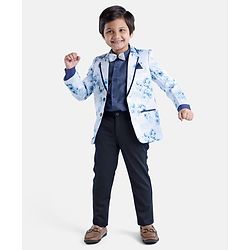 Babyhug Full Sleeves Digital Print Party Suit with Bow and Blazer - Blue Navy