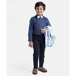 Babyhug Full Sleeves Digital Print Party Suit with Bow and Blazer - Blue Navy