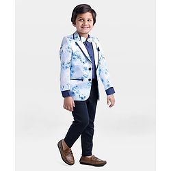 Babyhug Full Sleeves Digital Print Party Suit with Bow and Blazer - Blue Navy
