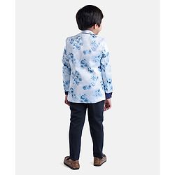 Babyhug Full Sleeves Digital Print Party Suit with Bow and Blazer - Blue Navy
