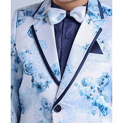 Babyhug Full Sleeves Digital Print Party Suit with Bow and Blazer - Blue Navy