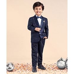 Babyhug Full Sleeves Brocade Party Suit with Bow and Blazer - Navy White