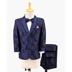 Babyhug Full Sleeves Brocade Party Suit with Bow and Blazer - Navy White