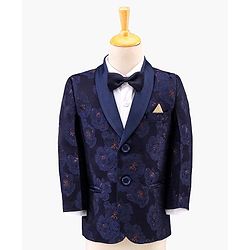 Babyhug Full Sleeves Brocade Party Suit with Bow and Blazer - Navy White