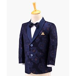 Babyhug Full Sleeves Brocade Party Suit with Bow and Blazer - Navy White