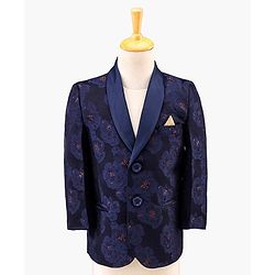 Babyhug Full Sleeves Brocade Party Suit with Bow and Blazer - Navy White