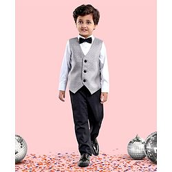 Babyhug Full Sleeves Party Suit With Waistcoat & Bow- Grey Black