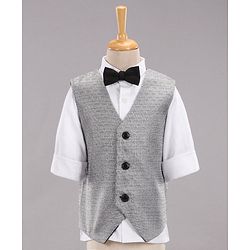 Babyhug Full Sleeves Party Suit With Waistcoat & Bow- Grey Black