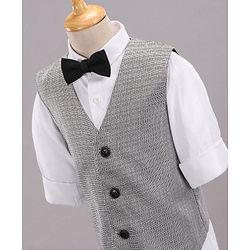 Babyhug Full Sleeves Party Suit With Waistcoat & Bow- Grey Black