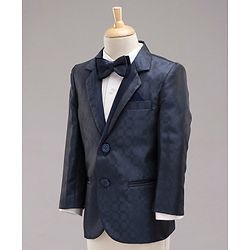 Babyhug Full Sleeves Solid Party Suit with Bow and Blazer - White Blue