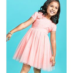 Babyhug Short Sleeves Embroidered Fit and Flare Party Frock with Corsage - Pink