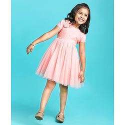 Babyhug Short Sleeves Embroidered Fit and Flare Party Frock with Corsage - Pink
