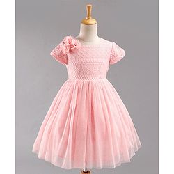 Babyhug Short Sleeves Embroidered Fit and Flare Party Frock with Corsage - Pink
