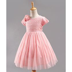 Babyhug Short Sleeves Embroidered Fit and Flare Party Frock with Corsage - Pink
