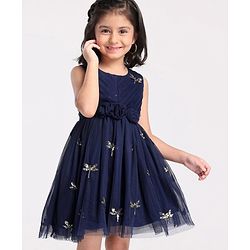 Babyhug Sleeveless Party Wear Frock Sequinned Dragonfly Embroidery - Navy Blue