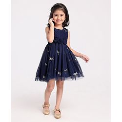 Babyhug Sleeveless Party Wear Frock Sequinned Dragonfly Embroidery - Navy Blue