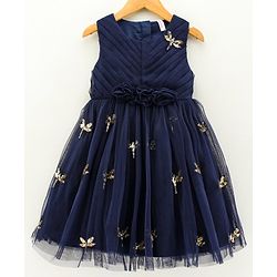 Babyhug Sleeveless Party Wear Frock Sequinned Dragonfly Embroidery - Navy Blue