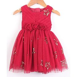 Babyhug Sleeveless Sequined Star and Flower Applique Party Wear Frock - Cherry Red