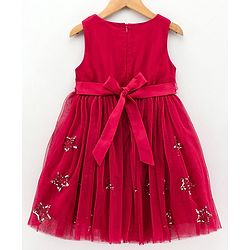 Babyhug Sleeveless Sequined Star and Flower Applique Party Wear Frock - Cherry Red
