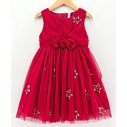 Babyhug Sleeveless Sequined Star and Flower Applique Party Wear Frock - Cherry Red
