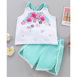 Babyhug Singlet Neck Top & Shorts Set Floral Print & Bow Applique - White Green