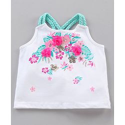 Babyhug Singlet Neck Top & Shorts Set Floral Print & Bow Applique - White Green