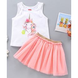 Babyhug Sleeveless Top & Skirt Flitter Unicorn Print & Floral & Sequin Applique - White Pink