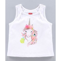 Babyhug Sleeveless Top & Skirt Flitter Unicorn Print & Floral & Sequin Applique - White Pink