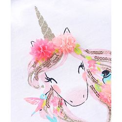 Babyhug Sleeveless Top & Skirt Flitter Unicorn Print & Floral & Sequin Applique - White Pink