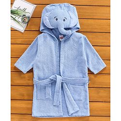 Babyhug Three Fourth Sleeves Elephant Woven Terry Bath Robe - Blue
